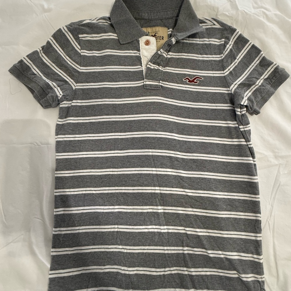 Hollister Gray and White Striped Polo